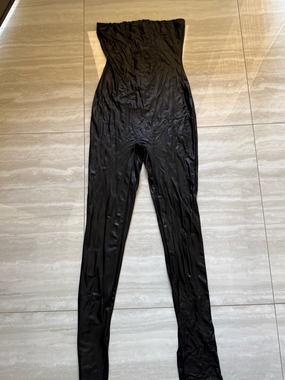 Strapless Black Jumpsuit catsuit gold exposed zipper ankle slits small